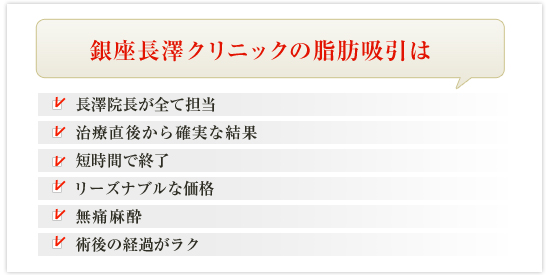 長澤クリニックの脂肪吸引は、長澤院長が全て担当、治療直後から確実な結果、リーズナブルな価格、無痛麻酔、術後の経過がラク